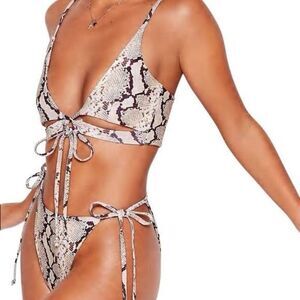 NWT Nasty Gal Neutral Snake Print Cutout String Bikini Top